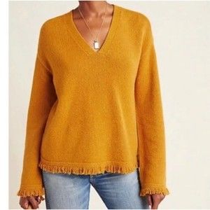 ANTHROPOLOGIE Joy Fringed VNeck Wool Blend Sweater Mustard Maize Yellow Sz Small